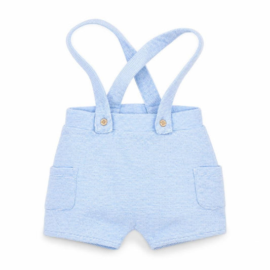 Front view of Nutmeg boys’ blue striped dungaree one-piece, size 3-6, months