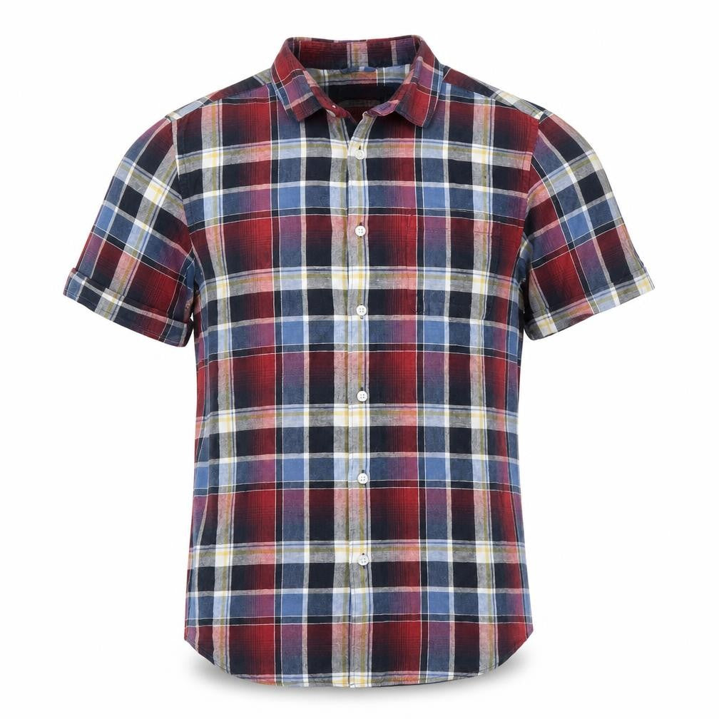 Front view of Tu men’s red plaid button-up, size M