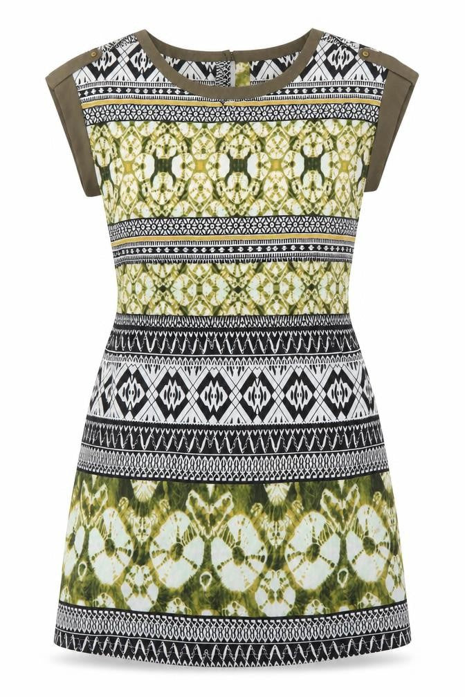 Front view of Encuento women’s green batik a-line, size M