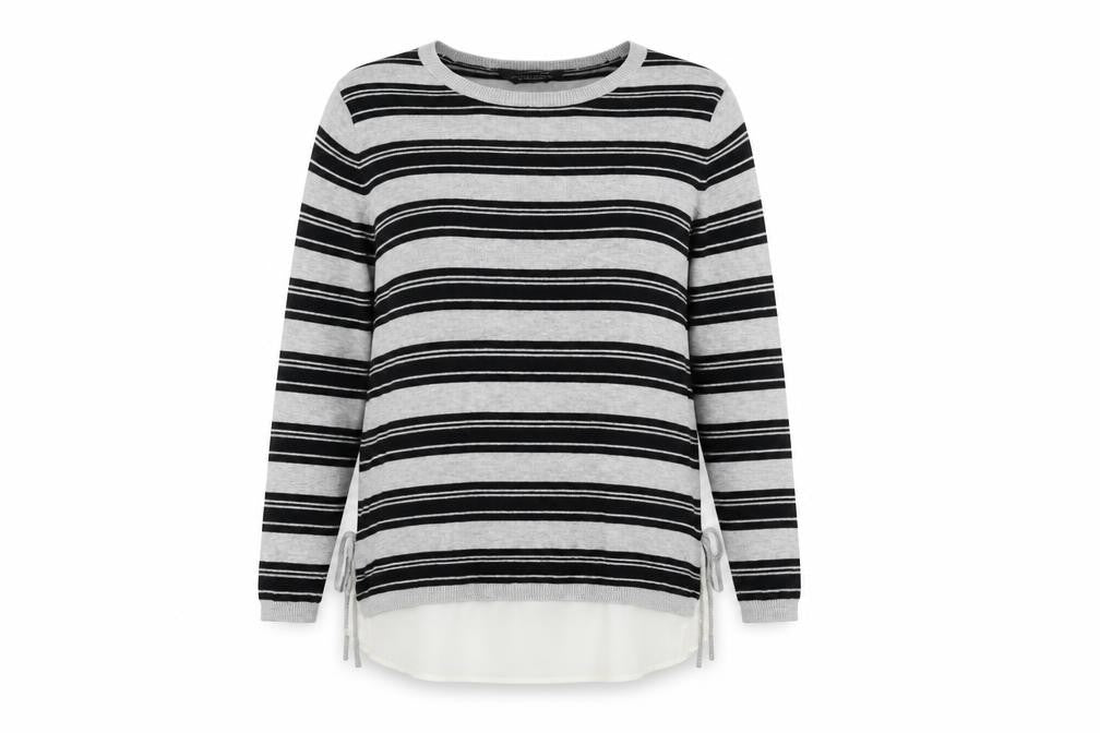 Front view of Dorothy Perkins women’s grey striped jumper, size UK 12
