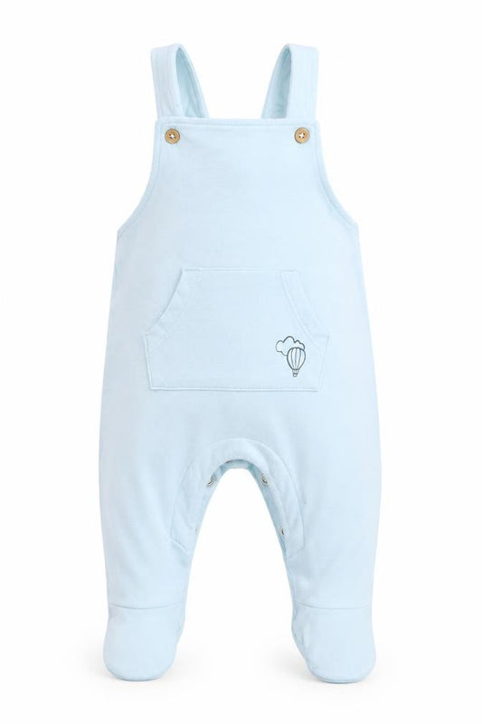 Front view of Marks & Spencer boys’ blue dungaree one-piece, size 0-3, months