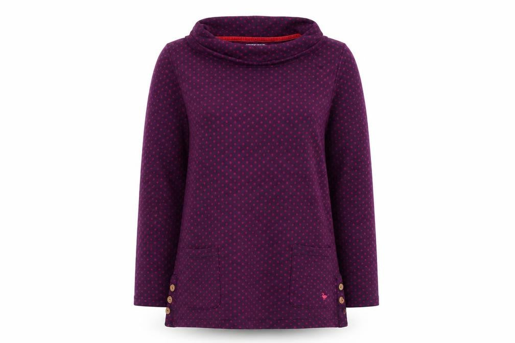 Front view of EWM women’s purple polka dot jumper, size S