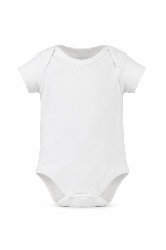 Front view of M&Co Baby White Babygrow One-Piece, size 0-3, Months