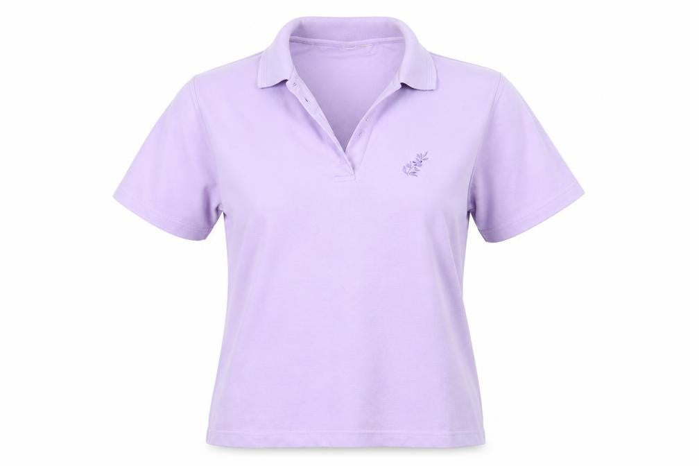 Front view of Preworn women’s purple floral basic polo, size S