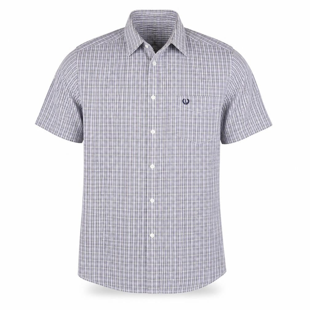 Front view of Lincoln men’s blue check button-up, size S