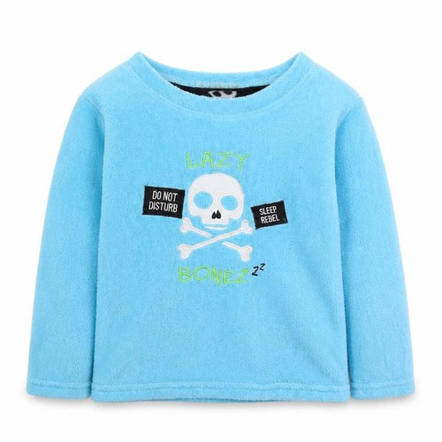Chill Out Boys Blue Solid Fleece  Pyjama Top Size 8-9 Years  - Lazy Bonez Skull