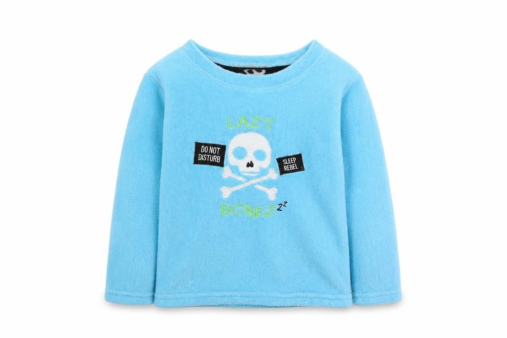 Chill Out Boys Blue Solid Fleece  Pyjama Top Size 8-9 Years  - Lazy Bonez Skull