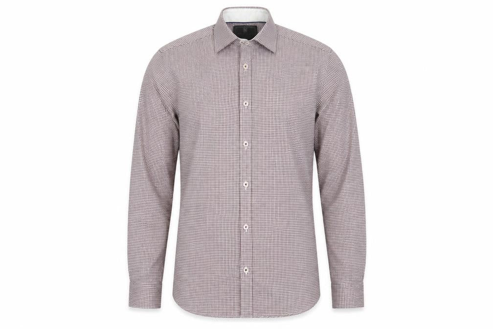 Front view of Marks & Spencer men’s red houndstooth button-up, size 14.5