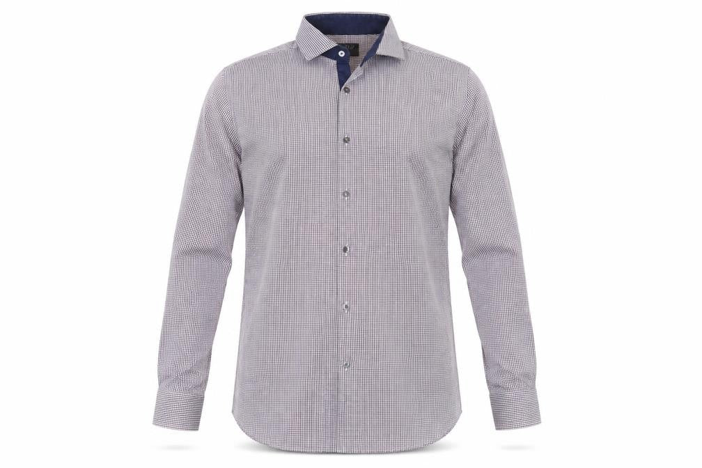 Front view of Marks & Spencer men’s blue plaid button-up, size 14.5