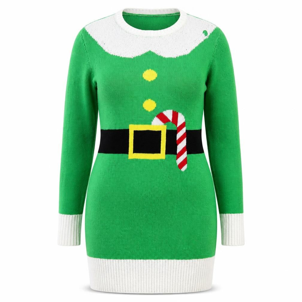 Front view of Jingle Bells women’s green bodycon, size M