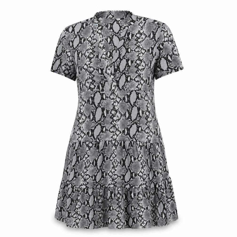 Front view of women’s grey animal print a-line, size M
