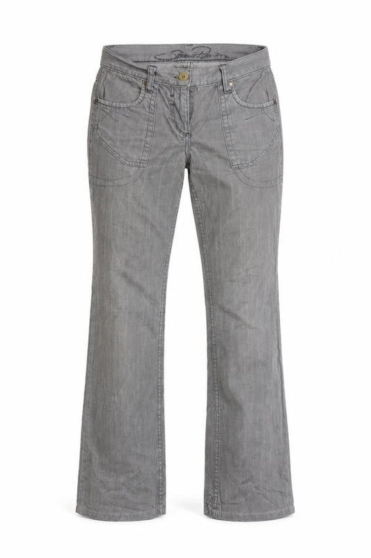 Front view of women’s grey bootcut jeans, size UK 32, in, 29-inch leg
