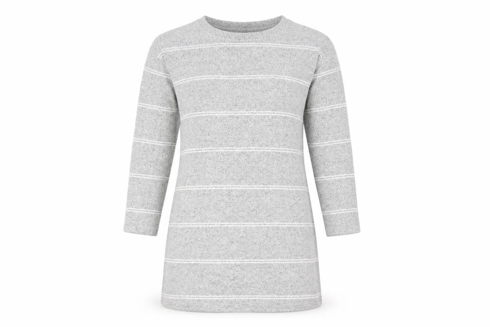 Front view of F&F women’s grey striped a-line, size UK 14