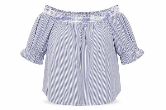 Front view of New Look women’s blue striped basic blouse, size UK 14