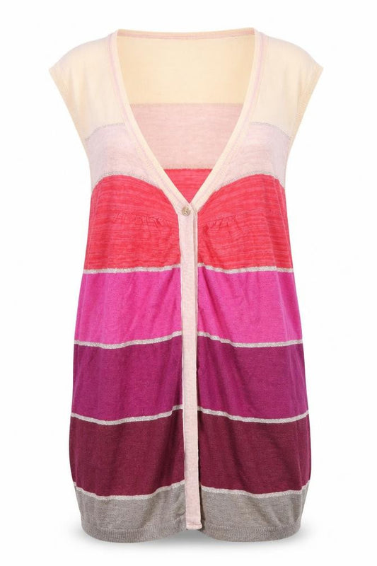 Front view of kooka' women’s multicoloured striped cardigan jumper, size UK 4