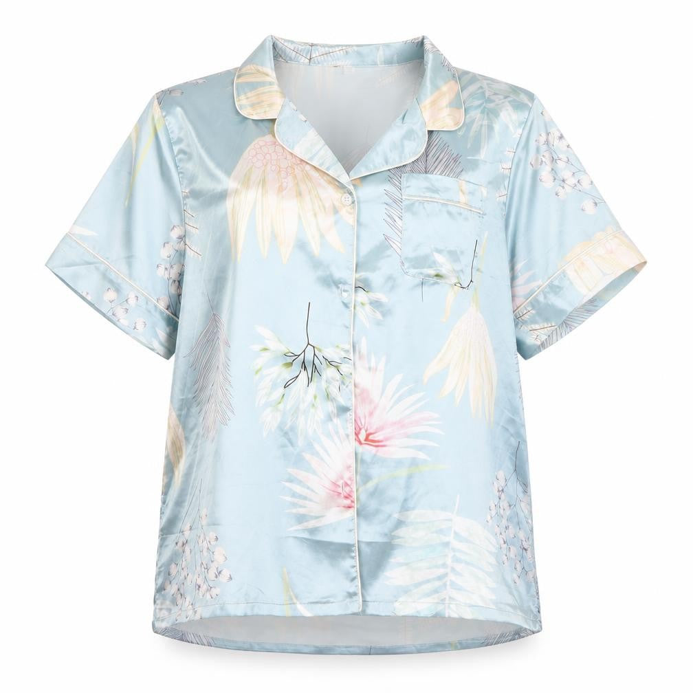 Front view of Preworn women’s silver floral button-up, size L