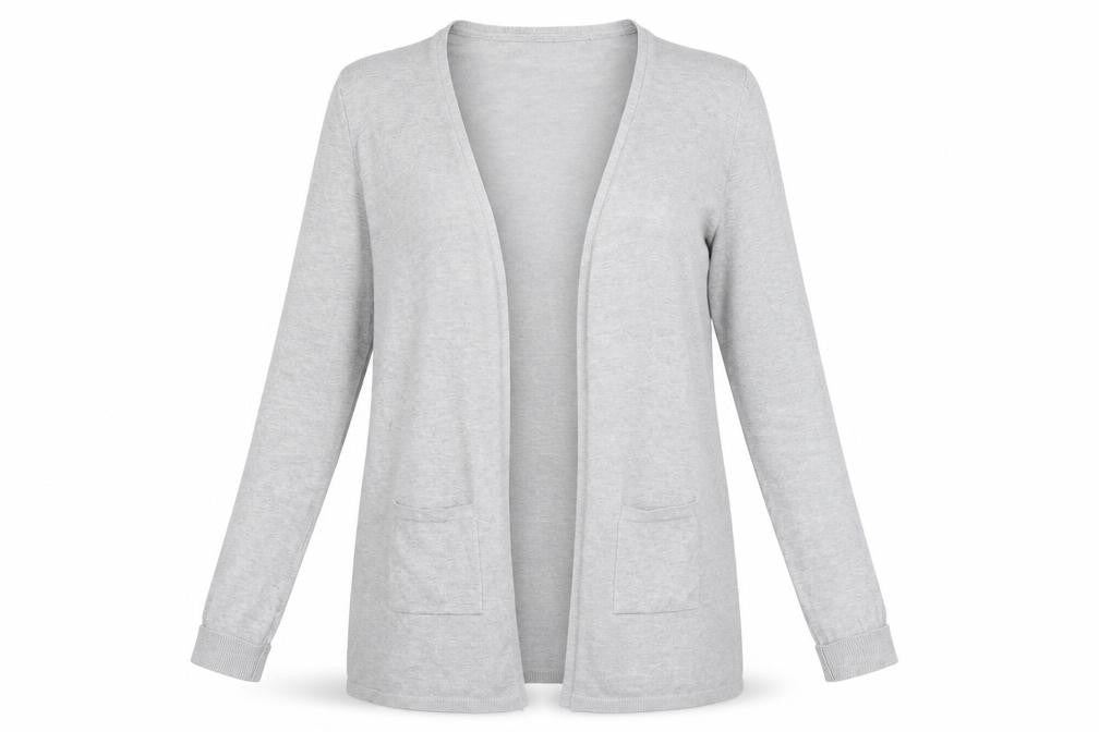 Front view of Label be women’s grey cardigan jumper, size UK 12