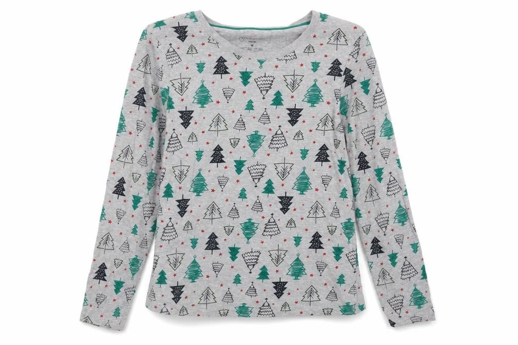 Front view of Primark women’s grey geometric top pyjama set, size UK 12, - christmas