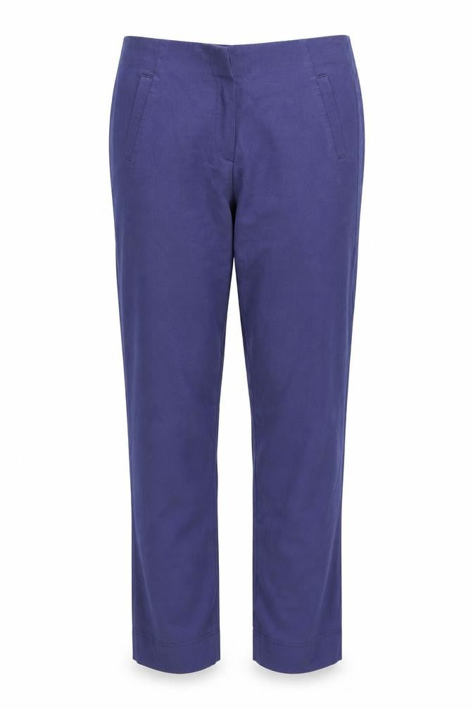 Front view of infini moi women’s blue trousers, size UK 14, 27-inch leg