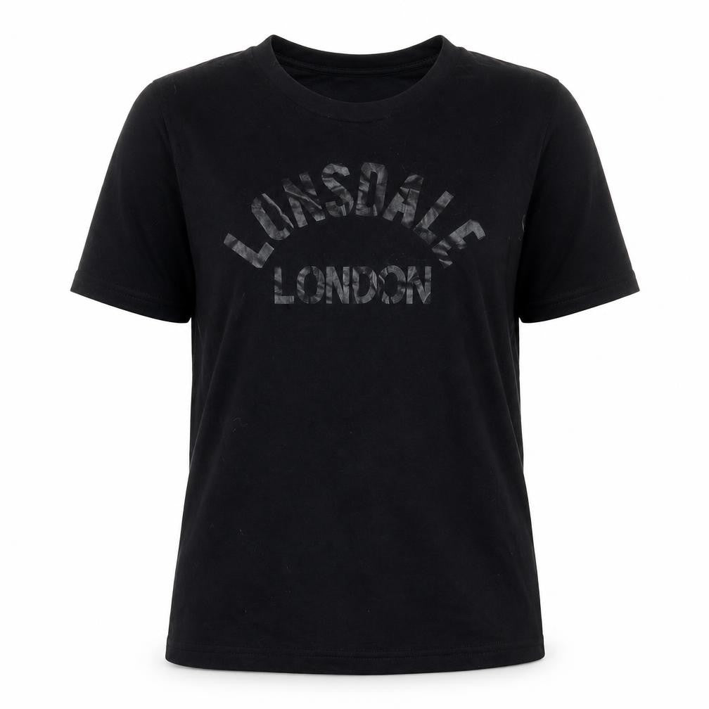 Front view of Lonsdale women’s black basic t-shirt, size UK 8