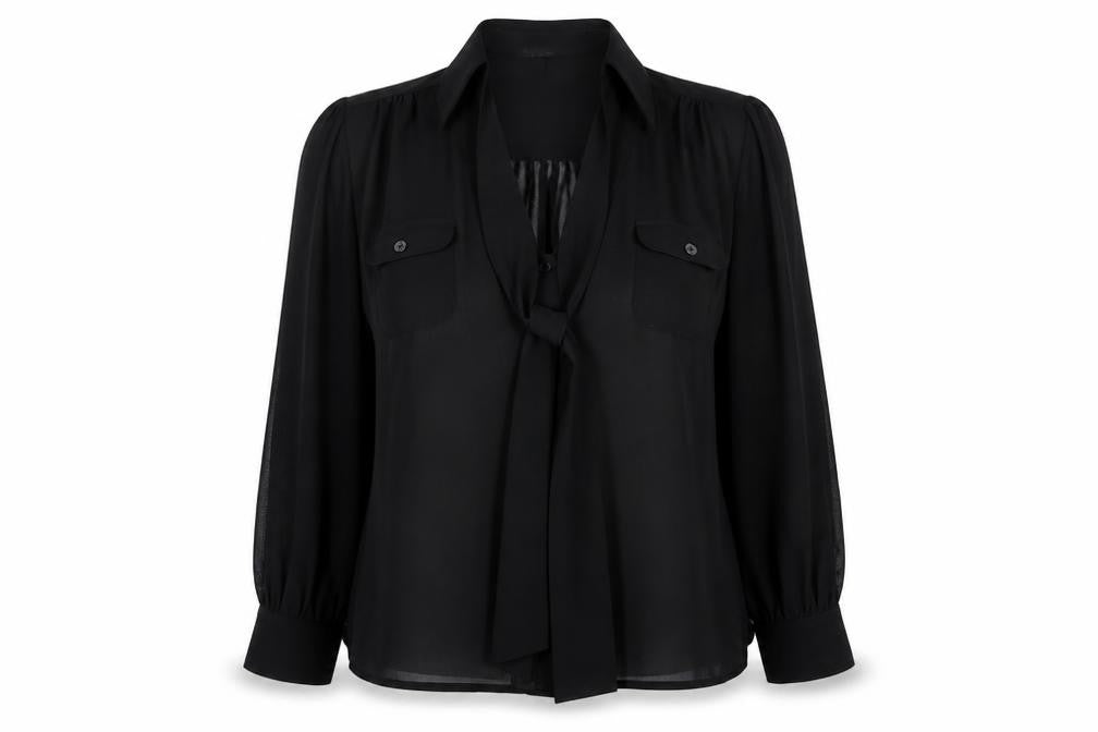 Front view of First Avenue women’s black basic blouse, size UK 12