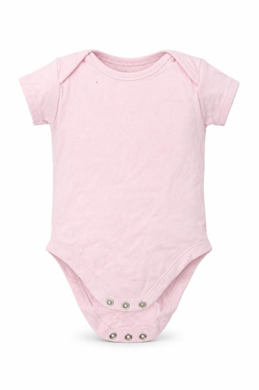 Front view of Nutmeg girls’ pink babygrow one-piece, size 3-6, months