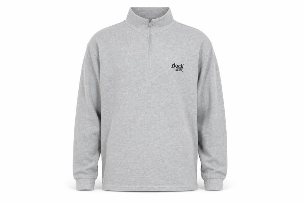 Front view of deck men’s grey pullover sweatshirt, size L