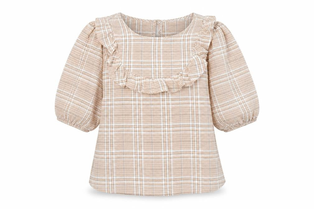 Front view of Papaya women’s brown plaid basic blouse, size UK 12