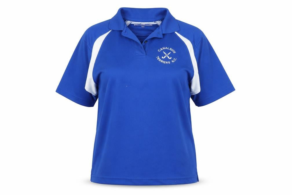Front view of Deluxe Wicking Polo women’s blue basic polo, size XL