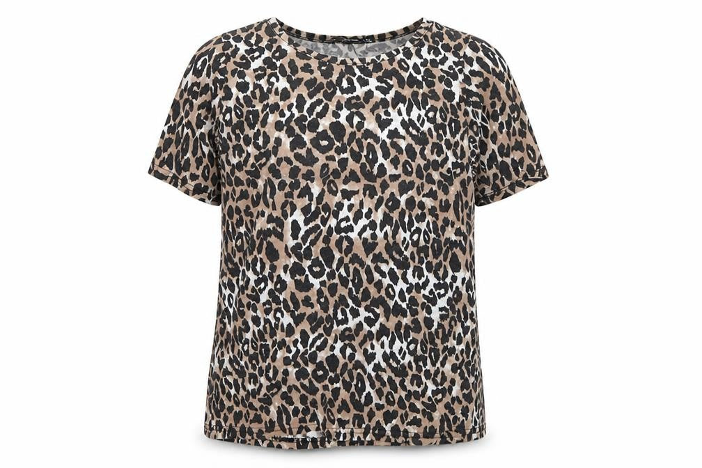 Front view of PRETTYLITTLETHING women’s brown animal print basic t-shirt, size UK 4