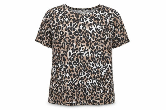 Front view of PRETTYLITTLETHING women’s brown animal print basic t-shirt, size UK 4
