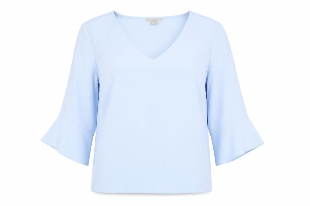 Front view of H&M women’s blue basic blouse, size UK 12