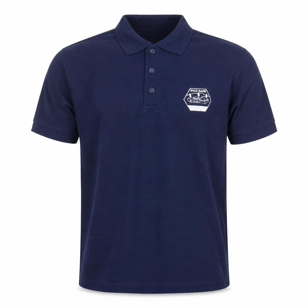 Front view of MCS men’s blue polo, size XS