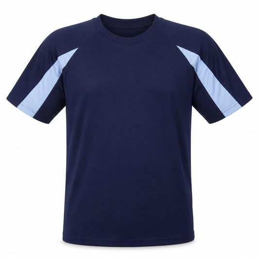 Front view of All We Do is men’s blue jersey t-shirt, size S