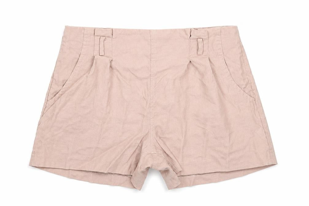 Front view of Miss Selfridge women’s beige hot pants shorts, size UK 10