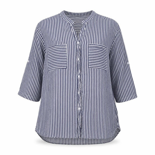 Front view of Lacon Bleu women’s blue striped basic button-up, size XL
