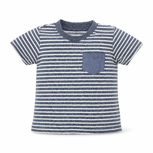 Front view of Primark boys’ blue striped basic t-shirt, size 9-12, months