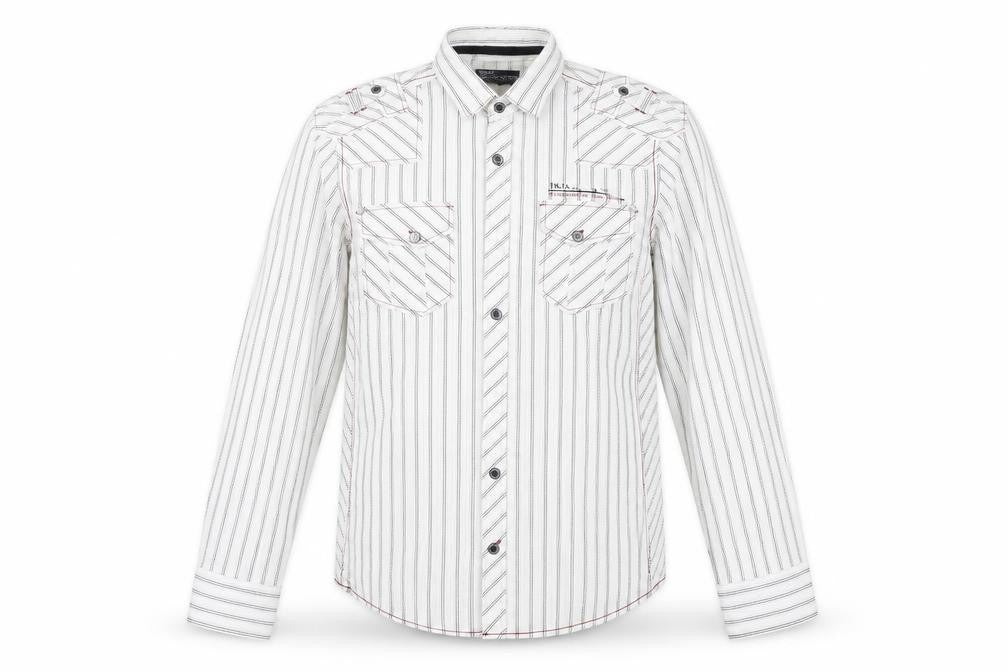 Front view of Next men’s white striped button-up, size M
