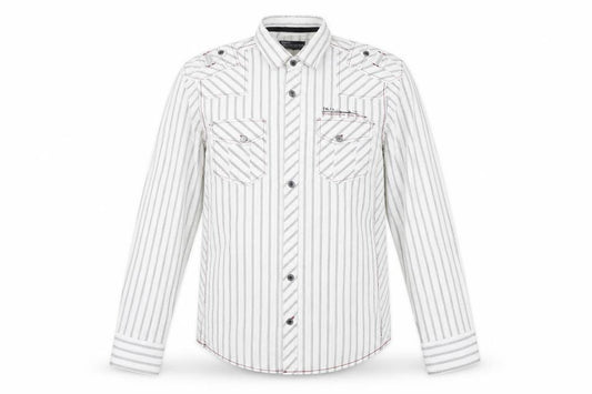 Front view of Next men’s white striped button-up, size M