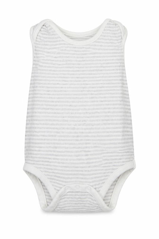 Front view of Very Baby Grey Striped Babygrow One-Piece, size 12-18, Months