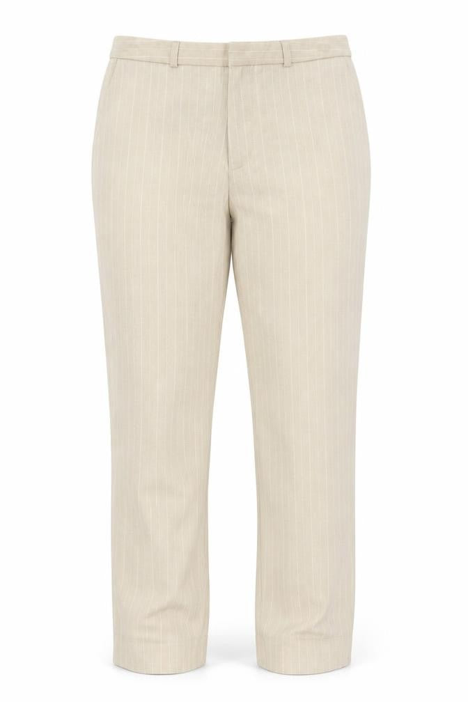 Front view of Stradivarius women’s beige striped trousers, size S, 28-inch leg