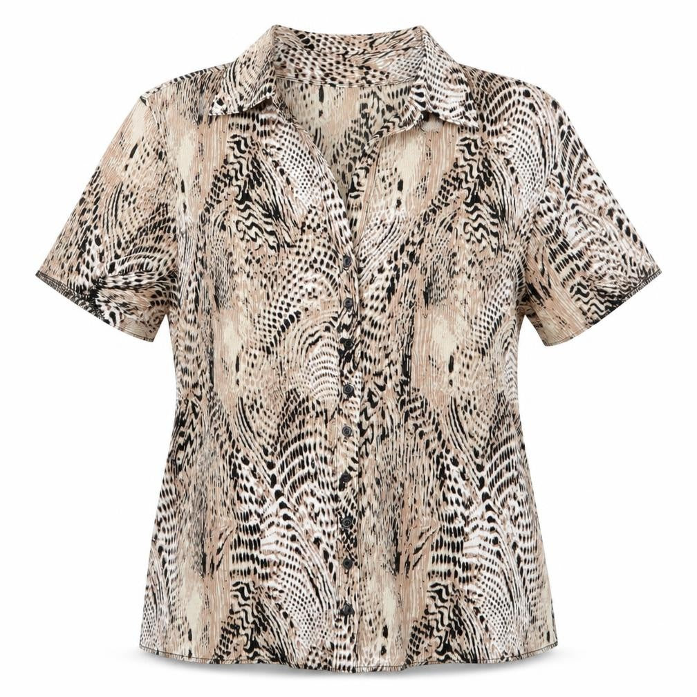 Front view of Damart women’s brown animal print basic button-up, size UK 14