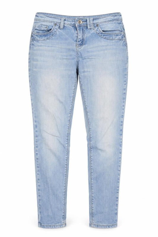 Front view of Yes Yes women’s blue denim skinny jeans, size UK 10, 25-inch leg