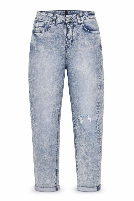 Front view of H&M women’s blue denim mom jeans, size UK 6, 27-inch leg