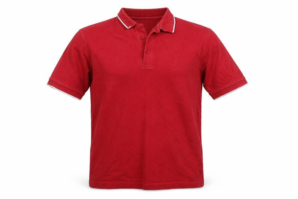 Front view of Easy men’s red polo, size M