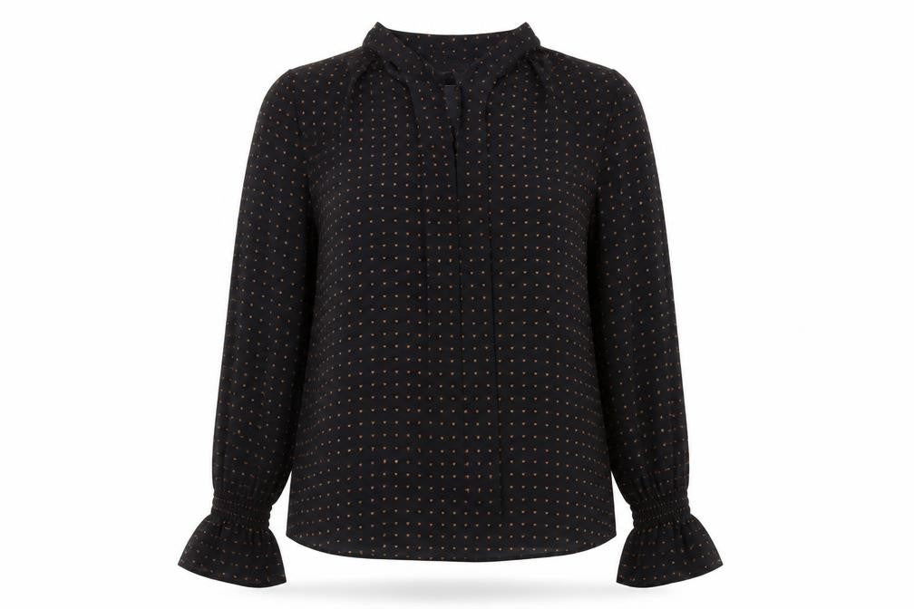 Front view of Warehouse women’s black basic blouse, size UK 12, - hearts