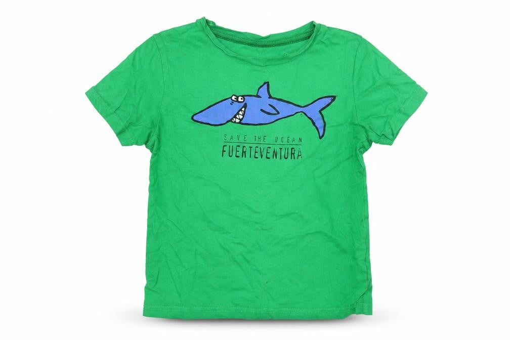 Earth Positive Boys Green   Basic T-Shirt Size 5-6 Years  - Save the Ocean Fuerteventura Shark