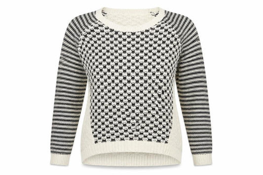 Front view of F&F women’s beige striped jumper, size UK 14