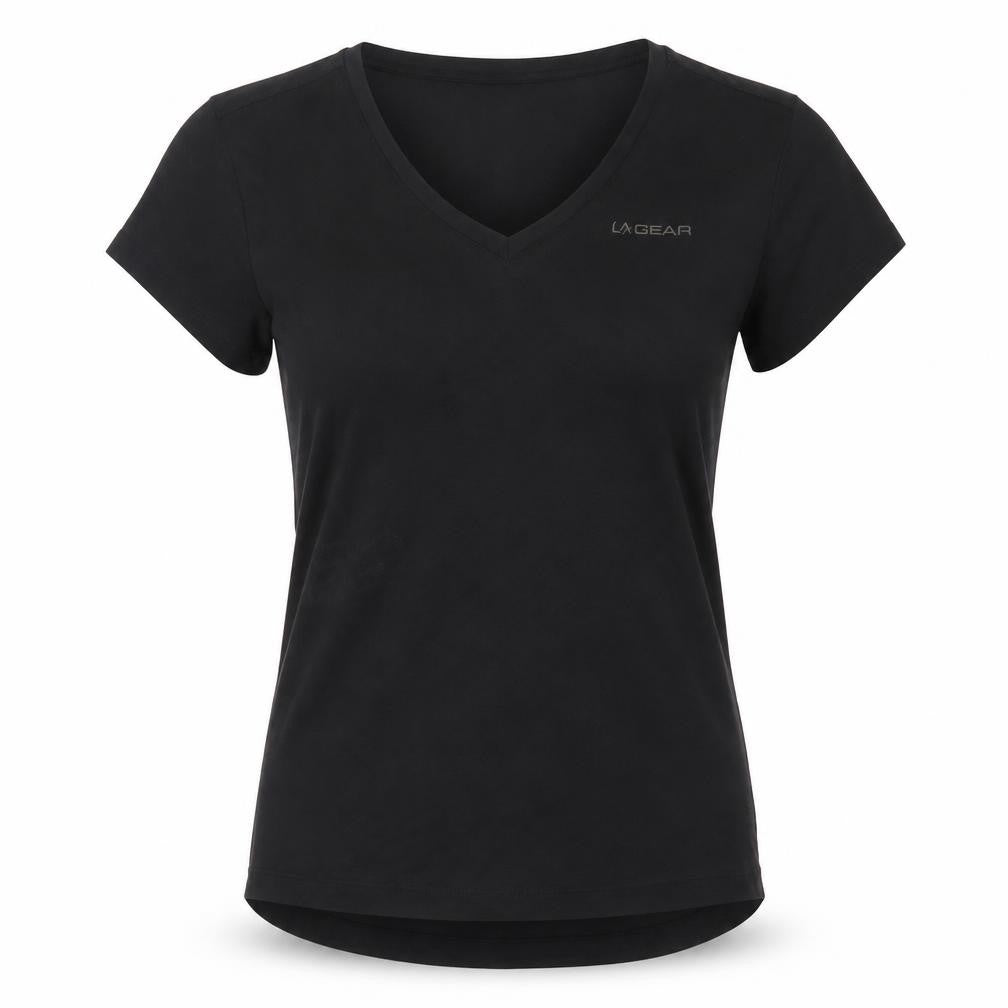 Front view of LA Gear women’s black basic t-shirt, size UK 6