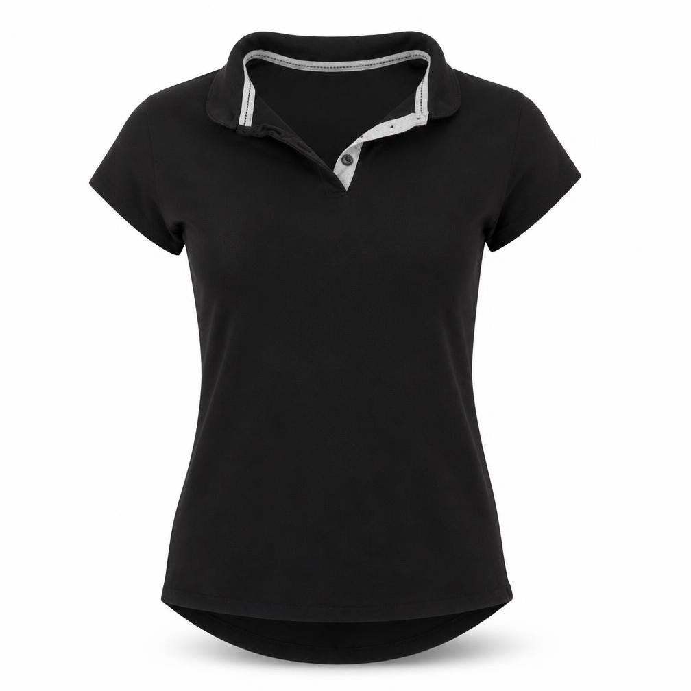 Front view of Lagear women’s black basic polo, size UK 10